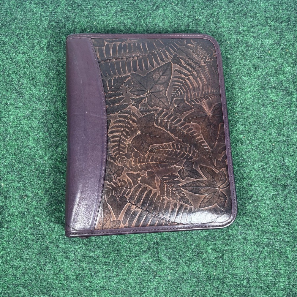 Vtg Franklin Quest Planner Leather Classic Binder Zip Black Brown Leaves